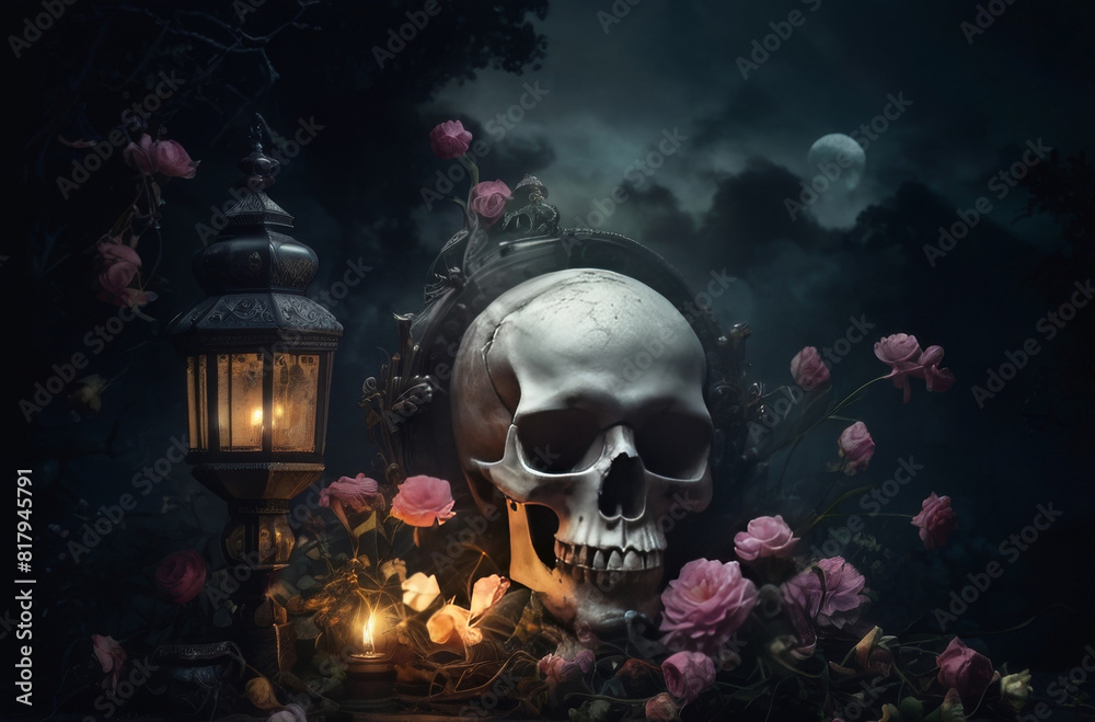 A gloomy night with a big moon, a skull and flowers. A gloomy night with a big moon, a skull and flowers.