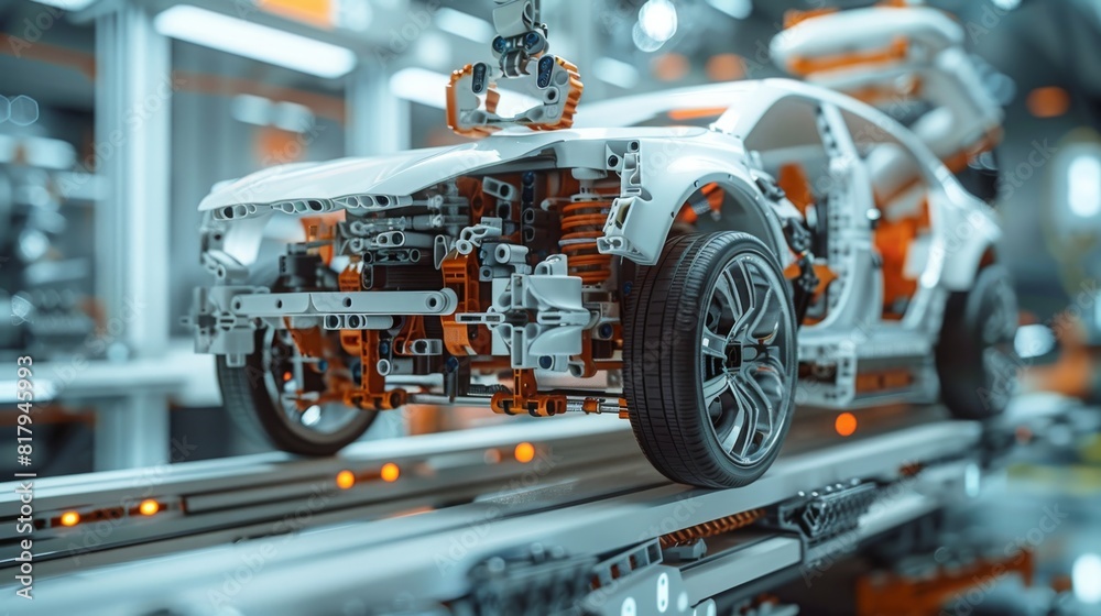 A white car is being built in a factory A white car is being built in a factory