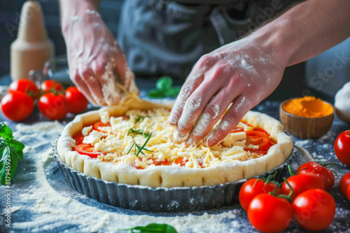 Hands preparing a tomato and cheese tart, adding fresh ingredients on the pastry base, in a home kitchen setting.