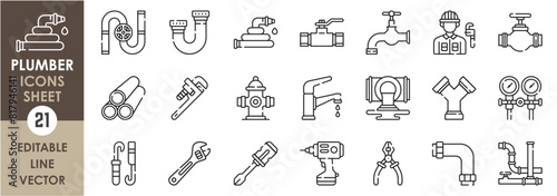 A set of line icons related to Plumber. Pipes, drains, valves, tap, mechanical tools and so on. Vector outline icons set.