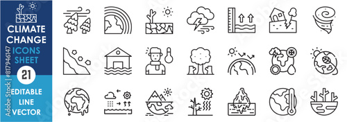A set of line icons related to climate change. Global warming, drought, sea level rise, disasters and so on. Vector outline icons set.