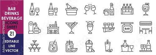 A set of line icons related to drinks and bar. Drinks, cocktail, mocktail, bar, wine, beer and so on. Vector outline icons set.