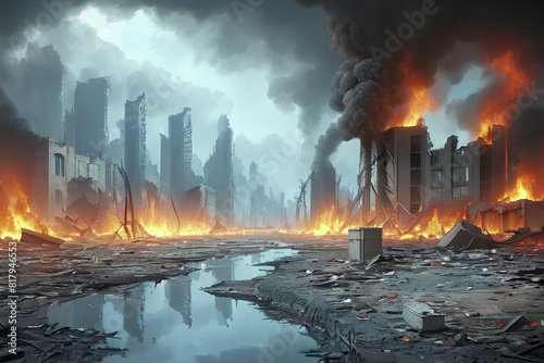 Post-apocalyptic abandoned city. Destroyed buildings  burning rubble  polluted water and air.