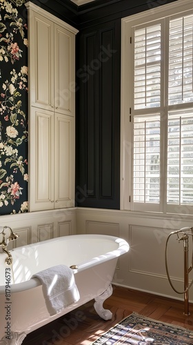 a classic bathroom adorned with black walls  white cabinets  and vintage floral wallpaper above the toilet bowl  complemented by modern farmhouse-style decor and a large window facing the bathtub.