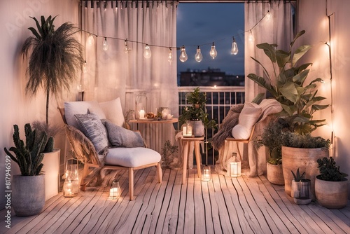 bohemian, minimalist balcony idea with lights
