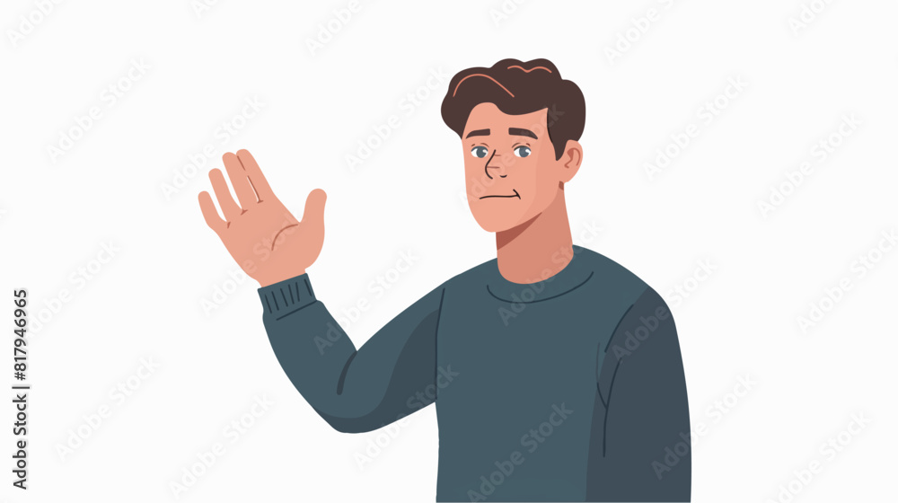 Sceptic refusing with hand palm gesture saying no sto
