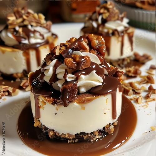 cheesecake with chocolate, caramel and nuts on a white plate