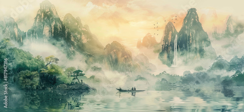 Chinese style landscape painting  mountains and waterfalls in the distance  green trees on mountain peaks  boat with people rowing forward  clouds floating above river surface