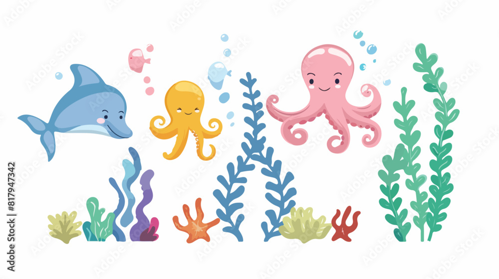 Sea animals marine characters Four. Fishes algae seaw