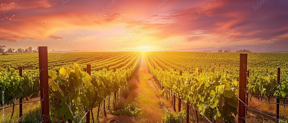 A sunset over a summer vineyard rows of grapevines