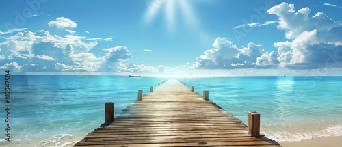 A sunlit wooden walkway leading from a tropical beach