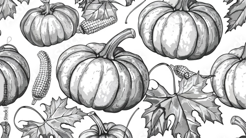 Seamless outlined pattern with engraved pumpkins and photo