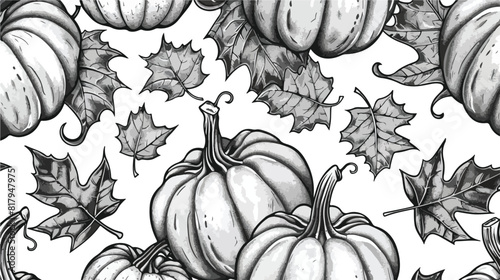 Seamless outlined pattern with engraved pumpkins and photo