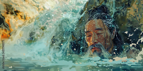A Taoist sage, immersed in the flowing waters of a mountain stream photo