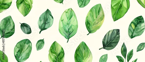 An illustration of pencil hand drawn green plants and leaves pattern type for printing or product background use with a off white backdrop, Generative AI. photo