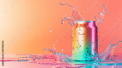 drink can with splash of liquid on pastel background,