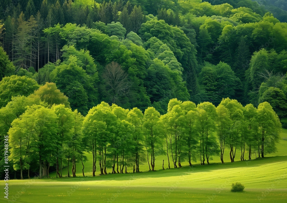 Vibrant Green Spring Forest Landscape with Lush Trees and Grass