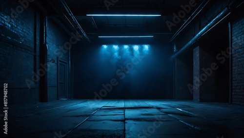 Dimly Lit Dark Room Interior With Blue Neon Lights and Smoke