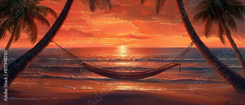 An idyllic Caribbean beach at sunset with a hammock photo