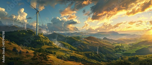 An idyllic setting of wind turbines on a mountain photo