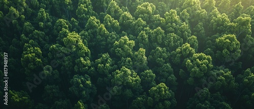 Birds-eye view of a young forest at dusk in summer #817948937