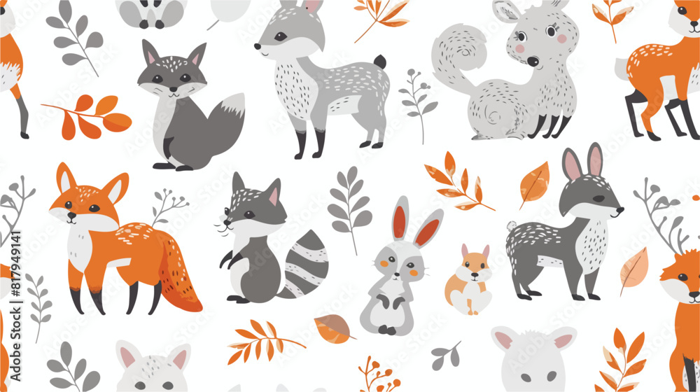 Seamless pattern with different cute cartoon forest a