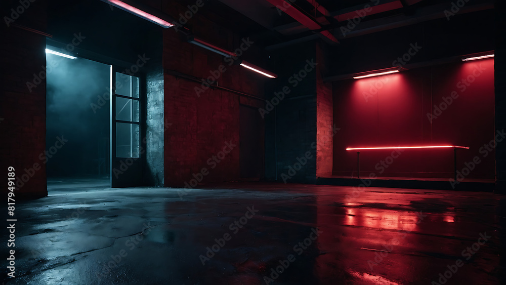 Dimly Lit Dark Room Interior With Red Neon Lights and Smoke Dimly Lit Dark Room Interior With Red Neon Lights and Smoke
