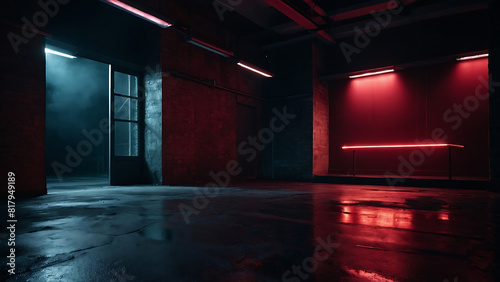 Dimly Lit Dark Room Interior With Red Neon Lights and Smoke