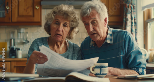 an older couple sitting at a table, looking over their electricity bill in front of them. They are showing it to each other while gathered around a laptop, with a modern energy efficient house interi photo