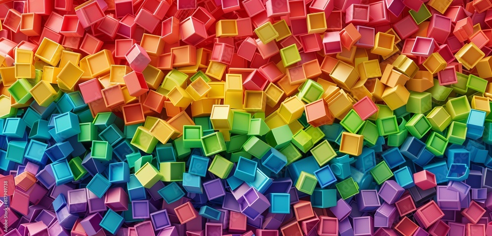 Abstract background, top view of wide pile various colorful rainbow colored stackable plastic toy bricks isolated on white Abstract background, top view of wide pile various colorful rainbow colored stackable plastic toy bricks isolated on white