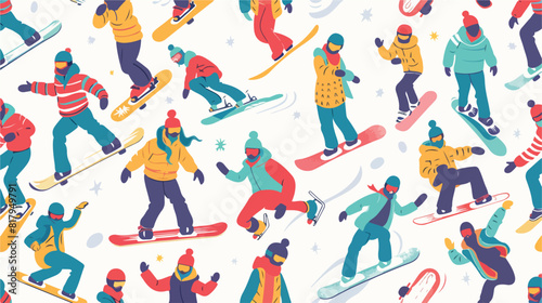 Seamless pattern with happy snowboarders on white background
