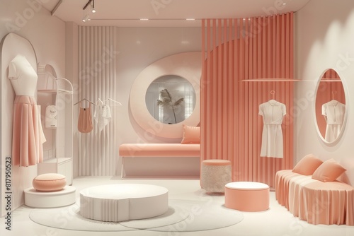 A clothing store with a pink and white color scheme photo