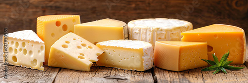 A variety of cheeses are displayed on a wooden table