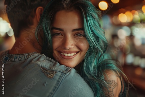 Woman With green Hair Hugging Man in Bar
