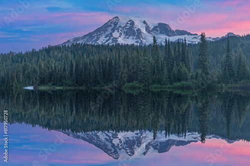 Landscape at dawn of Mt. Ranier, Reflection Lake, and with mirrored reflections in calm water, Mt. Ranier National Park, Washington, USA