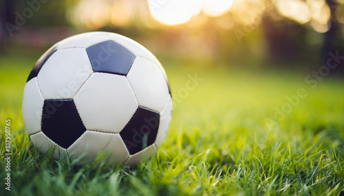 soccer ball resting on lush green grass, evoking energy and sportsmanship, perfect for illustrating teamwork and outdoor activities