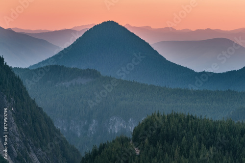 Landscape at sunset of the Cascade Mountains outside of Mt. Ranier National Park, Washington, USA
