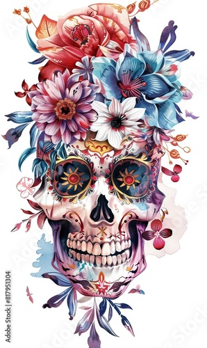 AI teschio con fiori, messicano disegno per tatuaggio 02