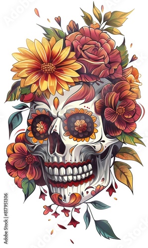 AI teschio con fiori, messicano disegno per tatuaggio 01 © blindblues
