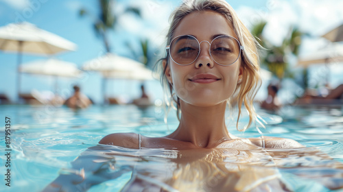 Portrait of caucasian women enjoying at swimming pool.
