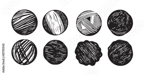 Vector ball of thread ball ball circle texture set hand drawing style in black color on white background for drawing, logo, emblem, label. Circle of handmade grunge stripes.