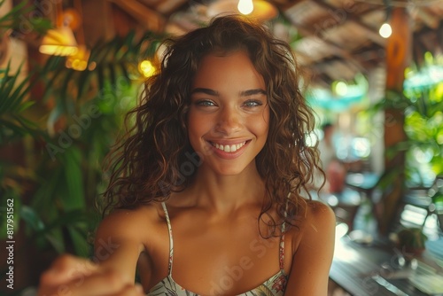 Young Woman Smiling in Restaurant