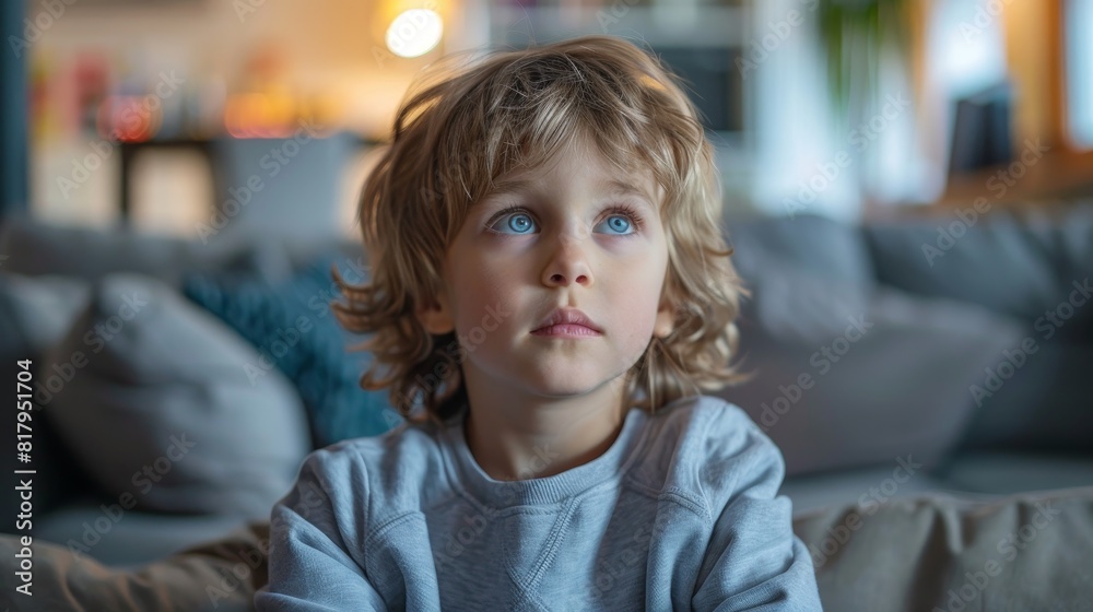 Thoughtful boy sitting on couch looking up showing curiosity and mental state Thoughtful boy sitting on couch looking up showing curiosity and mental state
