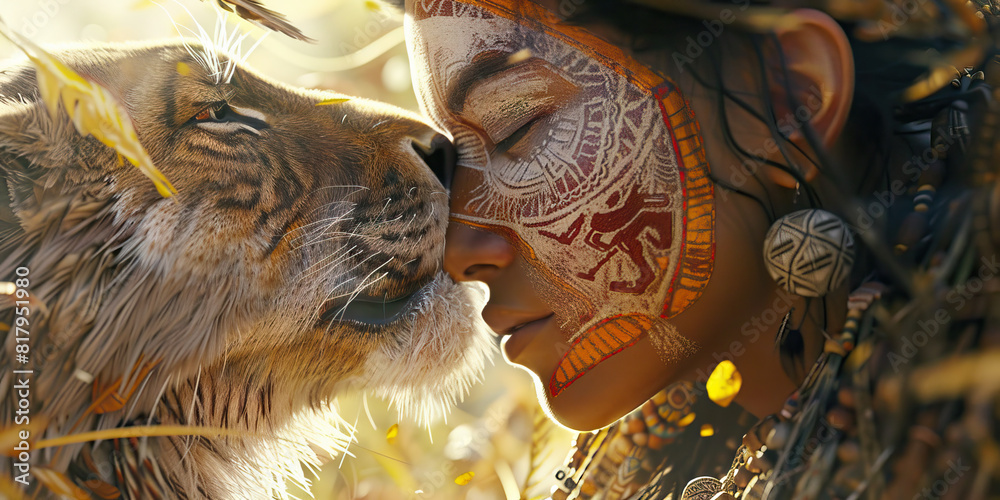A shaman, their face painted with intricate symbols, dances with a spirit animal, communing with the animal's wild essence.