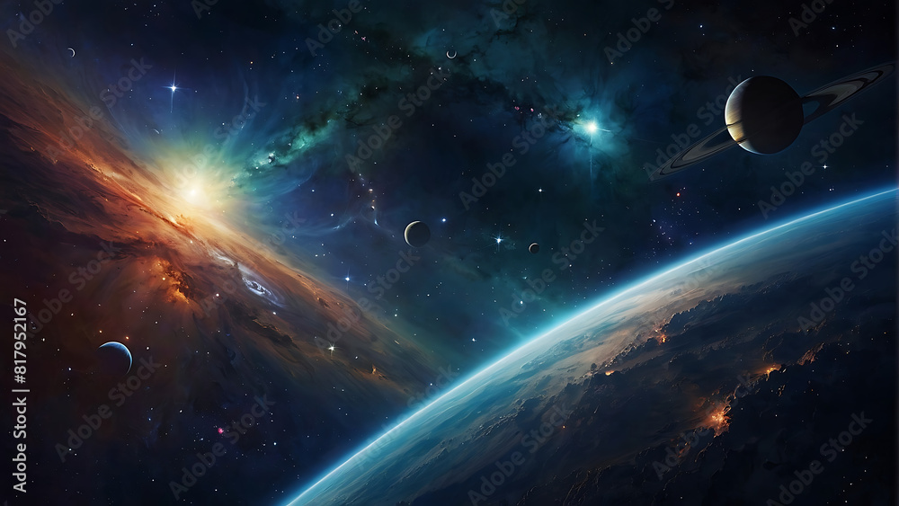 Naklejka premium Galaxies Undergoing Colorful Energy Exchange in Deep Space Night Sky