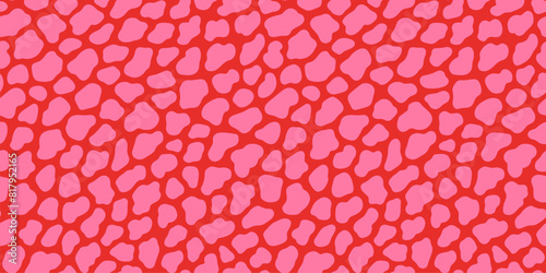 Abstract pink on red cow or giraffe spots seamless pattern. Hot pink organic blob shapes on saturated red background.