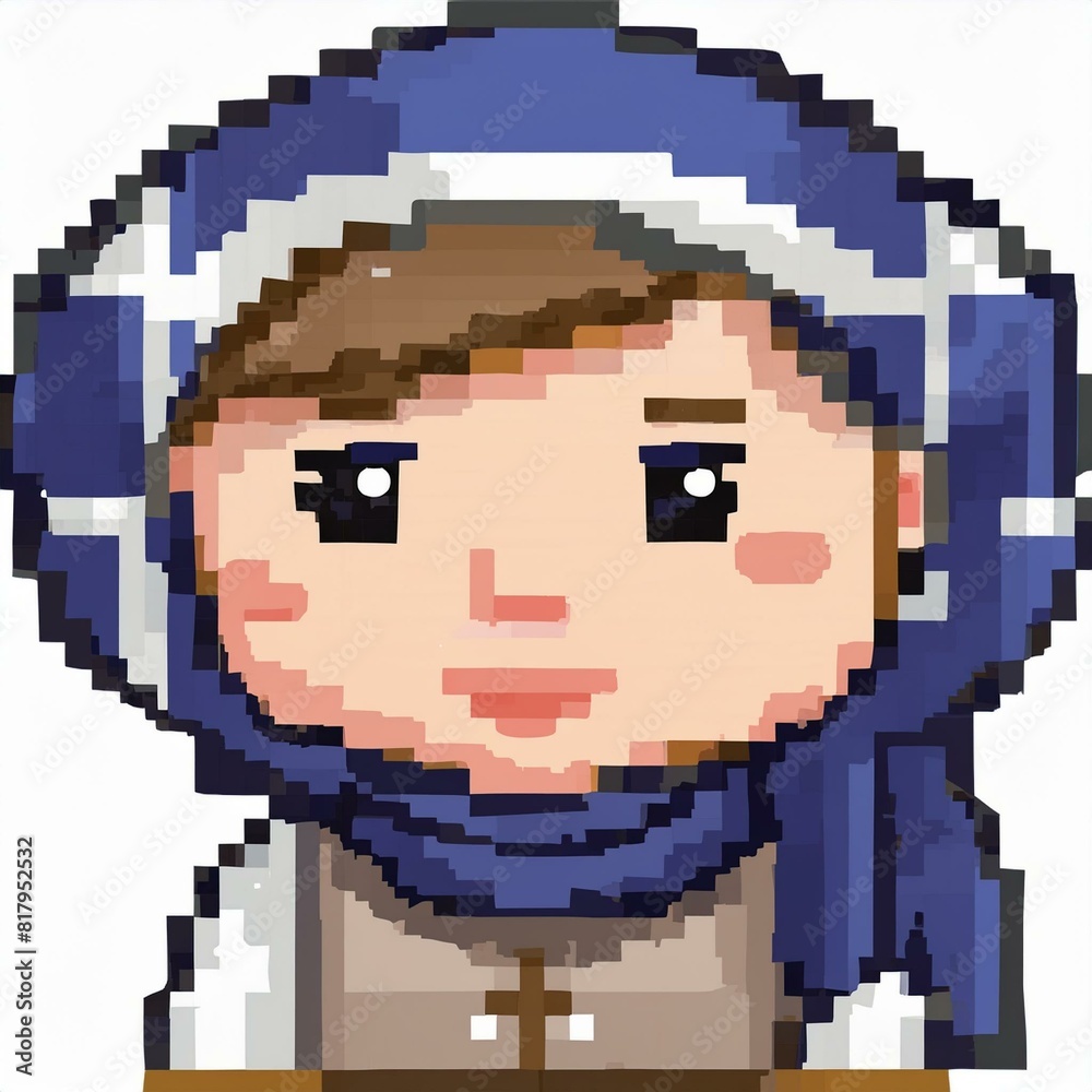 Fototapeta premium Pixel art graphic of a woman with a scarf white background