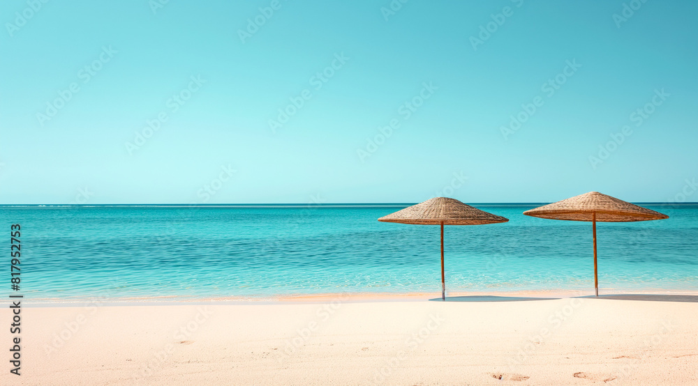 two straw umbrellas on serene tropical beach with turquoise sea and clear sky
