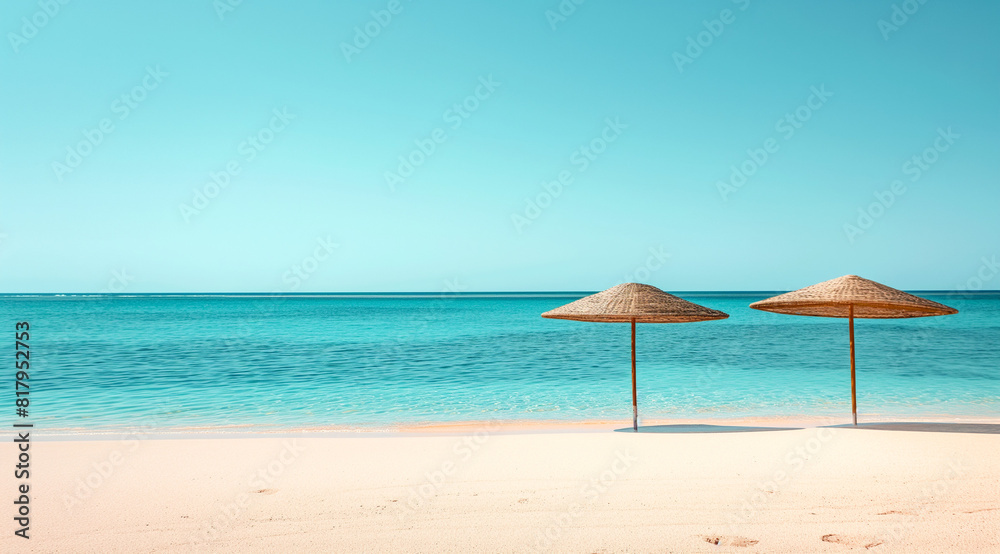two straw umbrellas on serene tropical beach with turquoise sea and clear sky two straw umbrellas on serene tropical beach with turquoise sea and clear sky