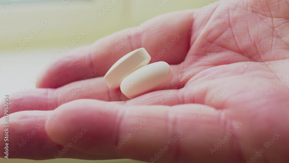Health and medicine. Hand holds a large white capsule. Close-up